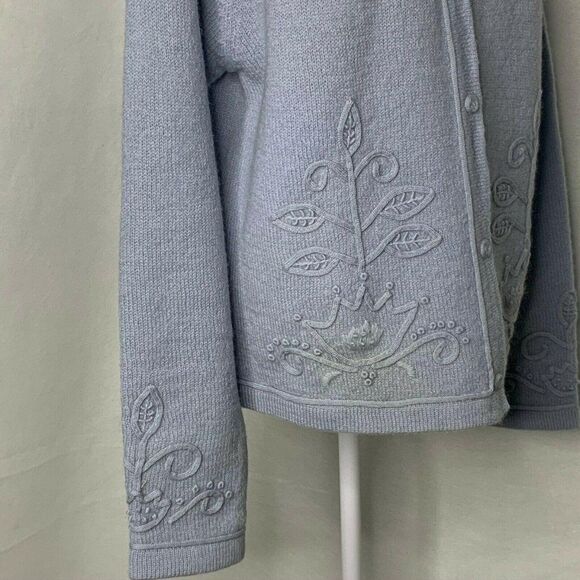 Coldwater Creek Cardigan Sweater L Blue Wool Snaps Ribbon Embroidery - Picture 4 of 7